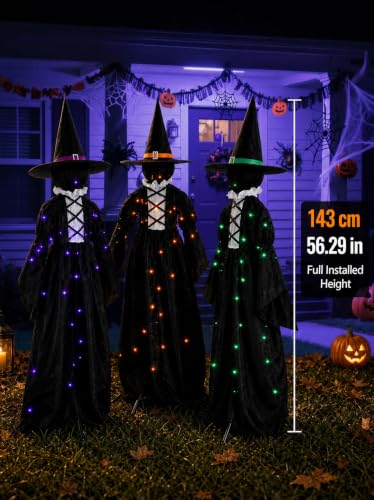 Set of 3 Light Up Halloween Witch Decorations Outdoor - 59 Inch LED Yard Stakes