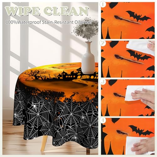 Halloween Round Tablecloth 60 Inch Vintage Castle Bats Web Polyester for Party & Outdoor