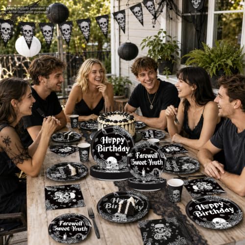 Gothic Birthday Party Plates and Napkins Set - Black & White Skull Design