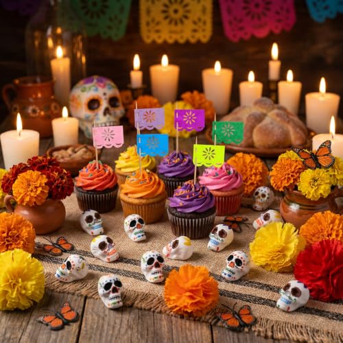52 Pcs Day of the Dead Skull Miniature Set - Dia De Los Muertos Decor with Flowers & Flags