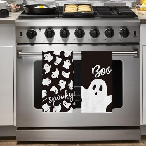 Microfiber Kitchen Towels Set of 2 - 18x26 Inch Black Ghost Spooky Design, Quick Dry & Absorbent