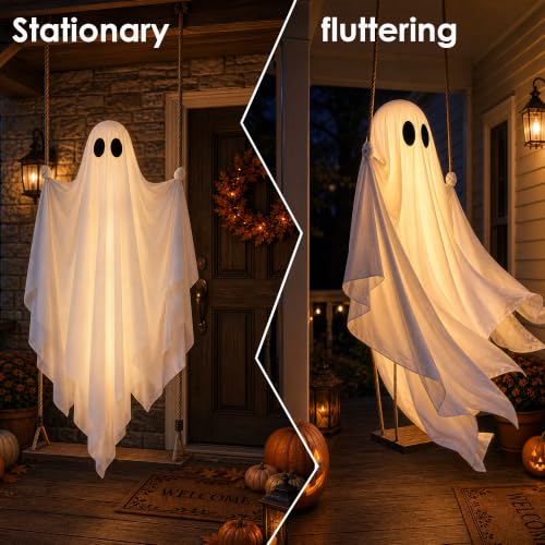 Large Hanging Ghost Halloween Decoration with LED Lights, Adjustable 7-12 FT