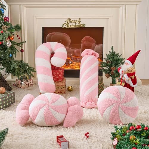 Pink Christmas Candy Pillows Set of 4 - Festive Long Lumbar Throw Cushions for Sofa & Bedroom - Holiday Decor