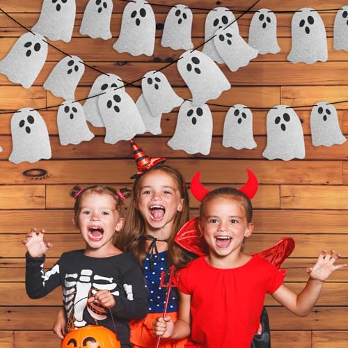 Halloween Ghost Banner Decorations - 3 Pack White Glitter Hanging Spooky Party Garland - Variation: Ghost