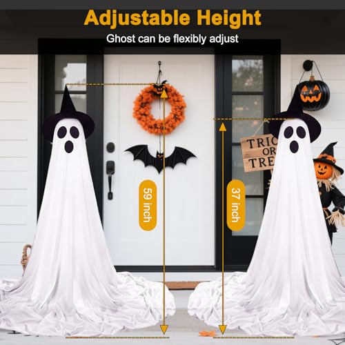 Light Up Ghost Decorations for Halloween Outdoor Indoor - 2 Pack with Witch Hats