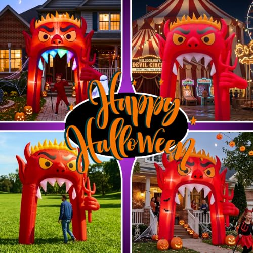 13FT Halloween Inflatable Archway with RGB LED Lights - Red Devil Yard Decor