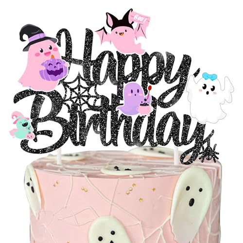 Halloween Ghost Birthday Cake Topper Black Glitter Pastel Ghosts 8 Inch