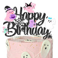 Halloween Ghost Birthday Cake Topper Black Glitter Pastel Ghosts 8 Inch