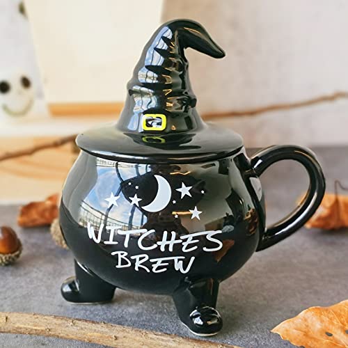 Large Witch Coffee Mug with Lid - Halloween Cauldron Themed Novelty Cup, 14oz