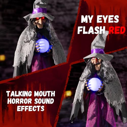 Halloween Animatronic Witch Decor - 67'' Talking Moving Witch with Sound & Glowing Eyes for Indoor Outdoor Haunted House