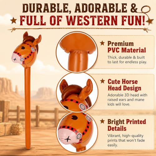 Inflatable Horse Stick Balloons - Reusable Brown PVC Western Party Decorations, 6 Pack
