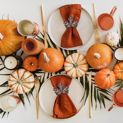 12 Pcs Wooden Fall Napkin Rings with Maple Leaf Design - Thanksgiving Table Decor