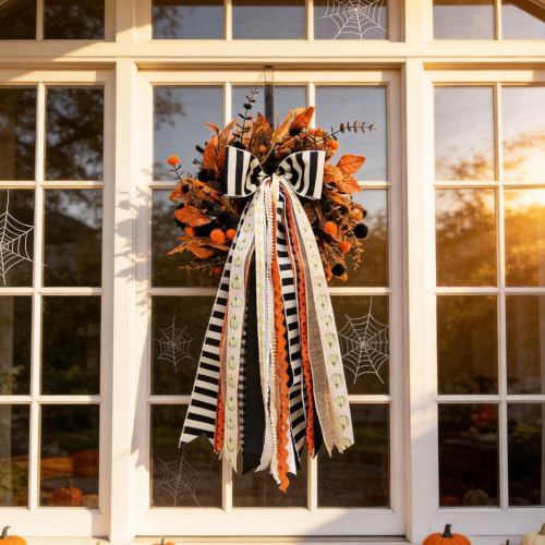 Striped Halloween Black Bow for Fall Wreaths Front Door Decor - Orange & Beige