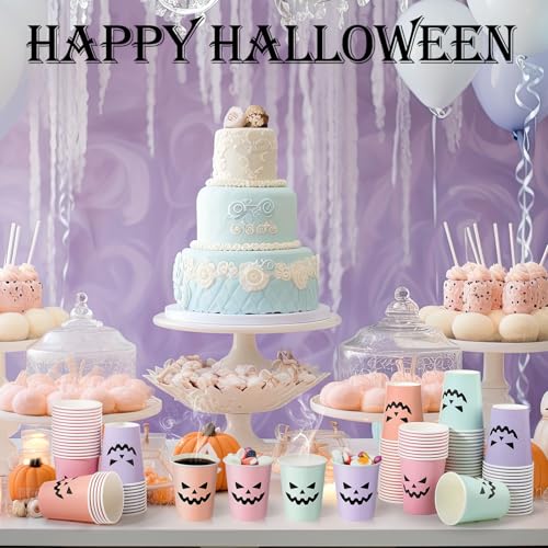 Pastel Halloween Paper Cups - Pumpkin Face Design, 100 Pack, 9oz, Girly Theme