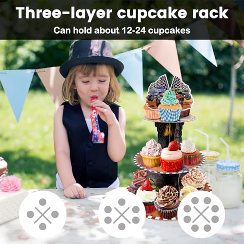 Race Car Theme Cupcake Stand - 3 Tier Dessert Tower for Race Party Decor