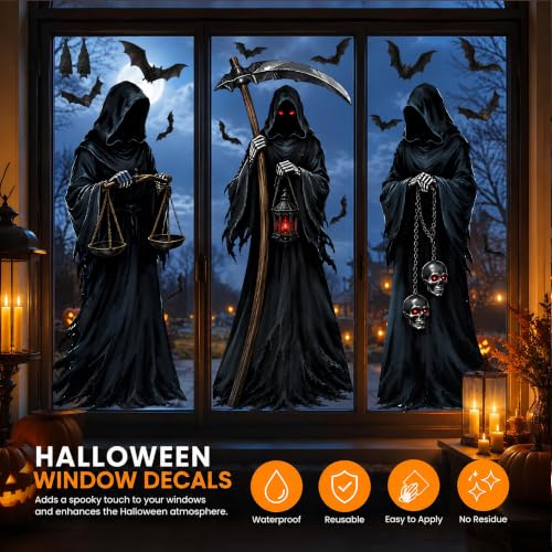 Halloween Grim Reaper Window Clings Set - Large Spooky Decorations