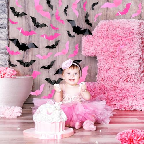 Halloween 3D Bat Wall Decal - Removable Sticker Set with Pink & Black Variations