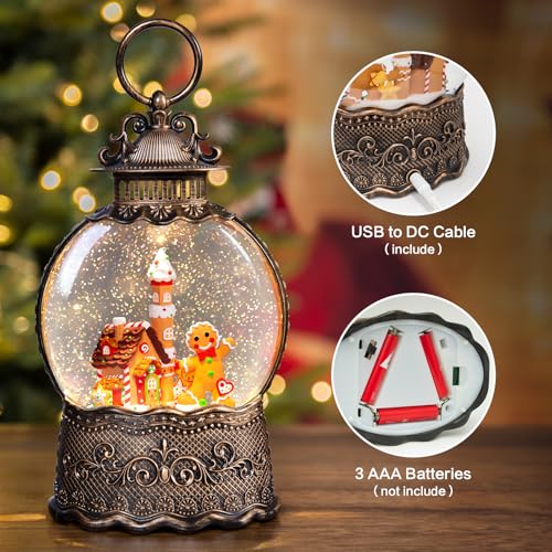 Christmas Snow Globe Lantern - Gingerbread Man Musical Decor with Swirling Glitter, Timer & USB Power