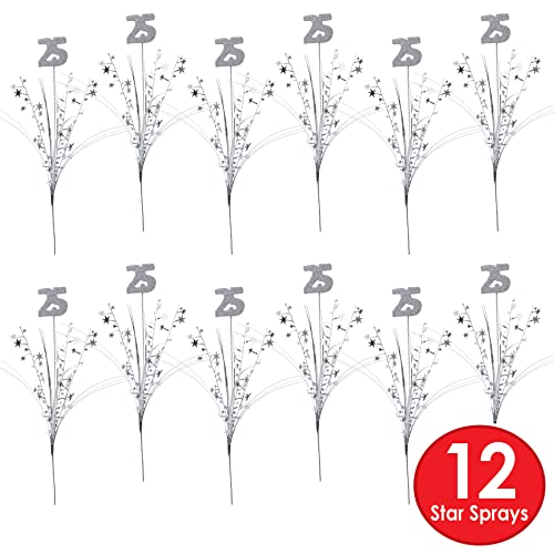 12 Piece Silver Glittered Number 25 Star Centerpieces for 25th Birthday & Anniversary