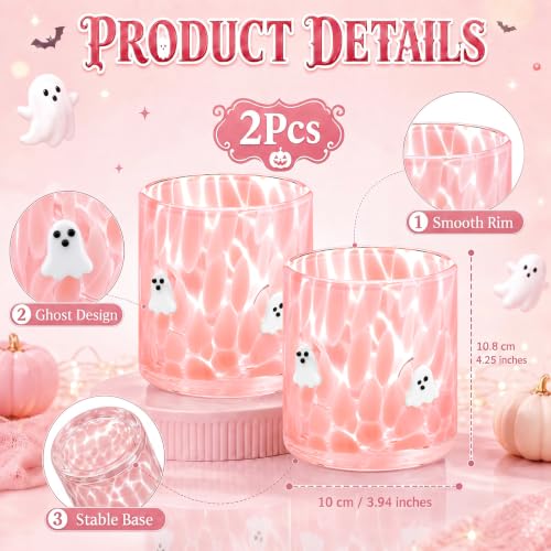 Pink Ghost Icon Glass Cups — Halloween Drinkware Set, 14 oz, 2 Pack