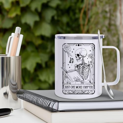 Book Skeleton Mug for Book Lovers - Halloween & Christmas Gift - Book Themed Coffee Cup with Lid & Spoon - Variation of THIS listing