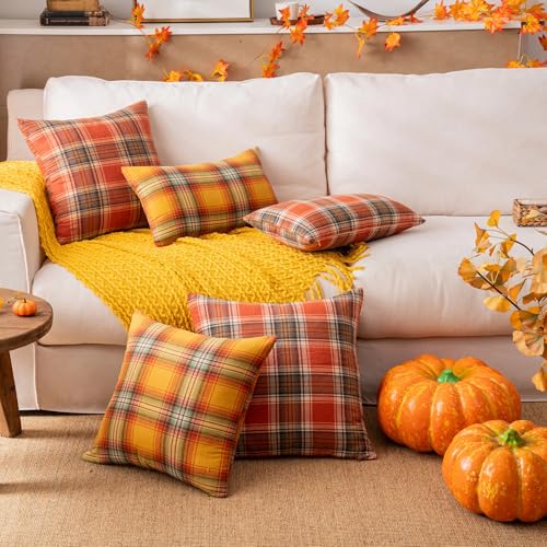 Fall Plaid Yellow Throw Pillow Covers Set of 2 - 12x20 Inch Autumn Decor