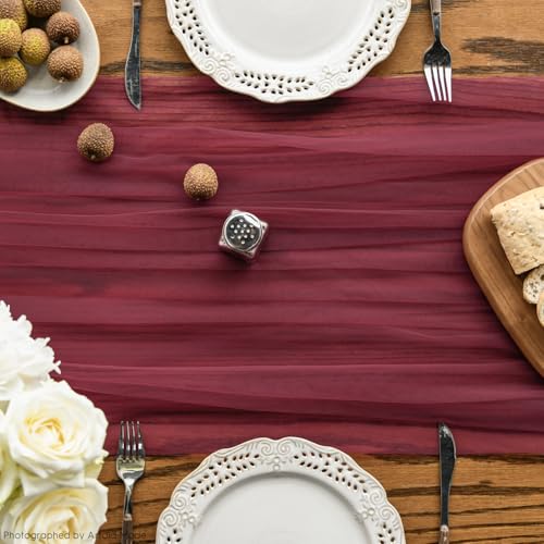 10PCS Burgundy Gauze Table Runner Set - 59 x 120 Inch, Wedding & Holiday Decor