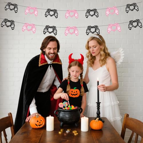 Halloween Skeleton Heart Banner Pink & Black Gothic Party Decor Set - Spooky Garland for Gothic Weddings and Bachelorette Parties