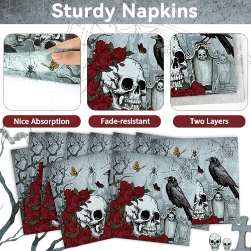 Halloween Gothic Skull Party Plates Napkins Set - Rose Crow Dinnerware for Skeleton Day of The Dead, 200pcs