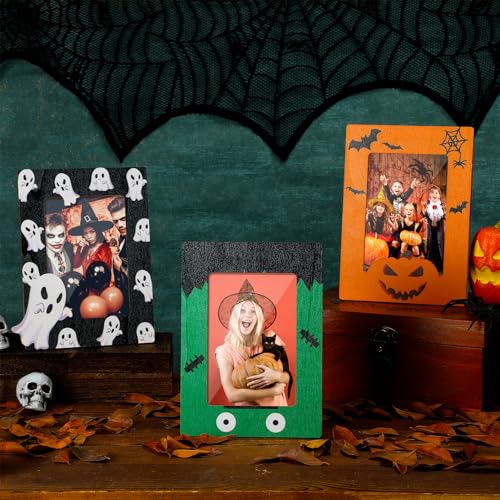 Halloween Picture Frame Set - 3 Wooden 4x6 Inch Frames with Fall & Bat Designs