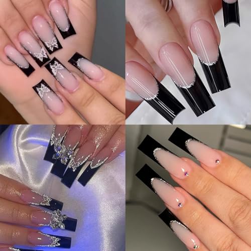 120Pcs Long Square Black French Tip Press On Nails with Glitter & Designs - Style-17