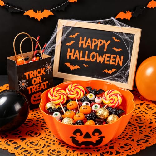 Halloween Candy Bowls Set - 4 Large Plastic Trick-or-Treat Treat Holders - Orange, Purple, Black Variations