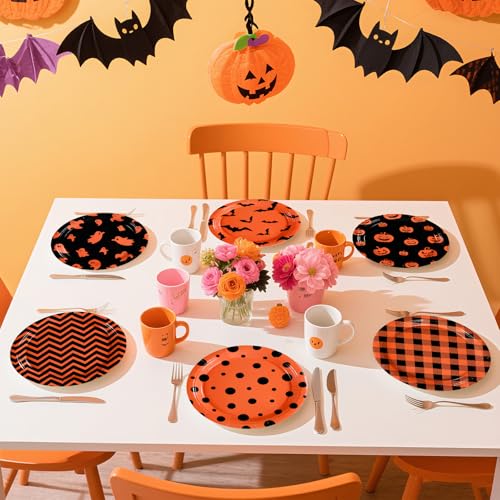 Halloween Paper Plates 9 Inch Pack - Heavy Duty Buffalo Plaid Ghost Pumpkin Design, Disposable Party Tableware