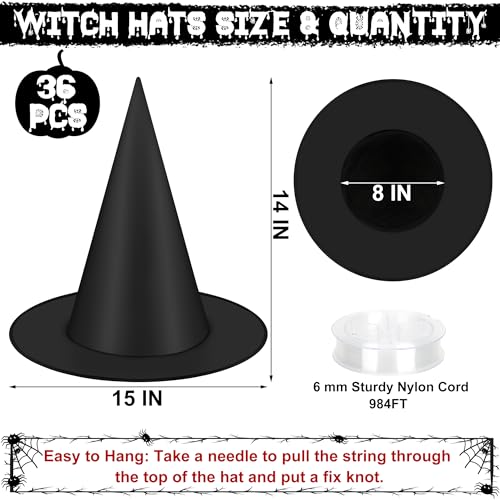 36 Pcs Halloween Witch Hats Set with 984 FT Nylon Cord - Black Decor for Ceiling Porch