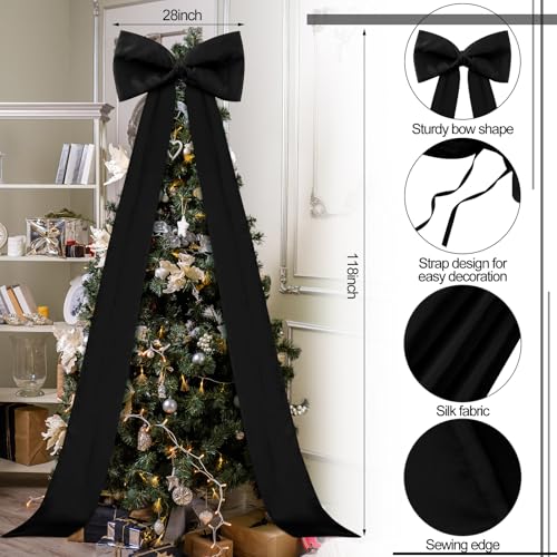 Extra Large Satin Christmas Tree Topper Bow - Black, 118x28 Inches with Long Streamers - Holiday Decor