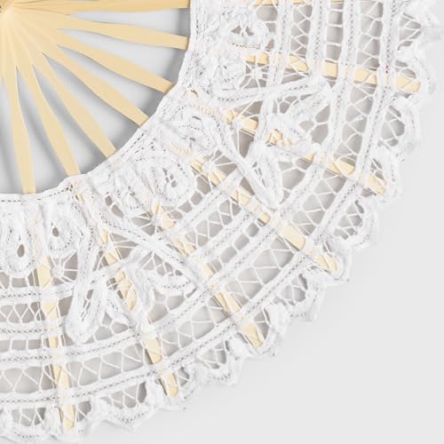 White Cotton Lace Folding Hand Fan with Bamboo Frame for Wedding & Party - Pack of 2 (Variation: One Size)