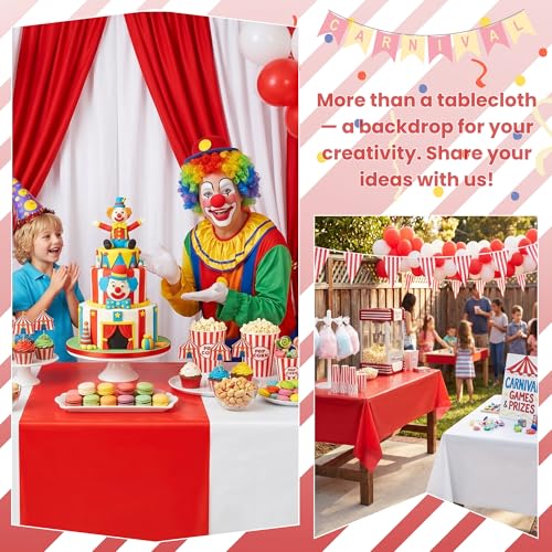 White & Red Carnival Plastic Tablecloth Roll 100FT x 54IN with Cutter Box - Heavy Duty