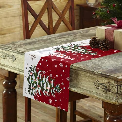 Christmas Table Runner Cotton Linen 13 x 90 Inches Snowman Rustic Red Snowflake
