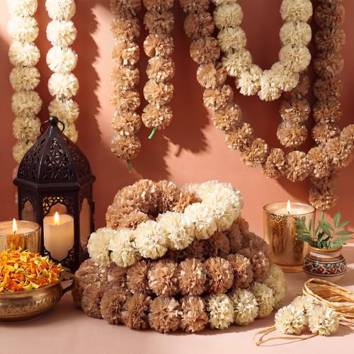 15 Pack Marigold Garland for Decor - Cream White & Brown, 5ft