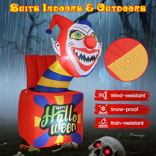 Halloween Inflatable Clown with LED Lights - 5 Ft Blow Up Yard Decoration with Ground Stakes, Indoor & Outdoor Use - Variation: Clown Box