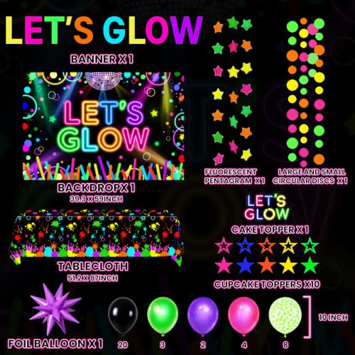 Neon Party Decorations Kit with Balloon Arch Banner Backdrop and UV Balloons