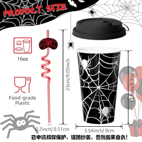 Spider Web Party Cups with Lids & Straws - 24 Pack for Halloween & Kids Birthday