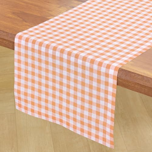 Pure Linen Apricot Table Runner 14x120 Gingham Check - Handmade, Formal Dining