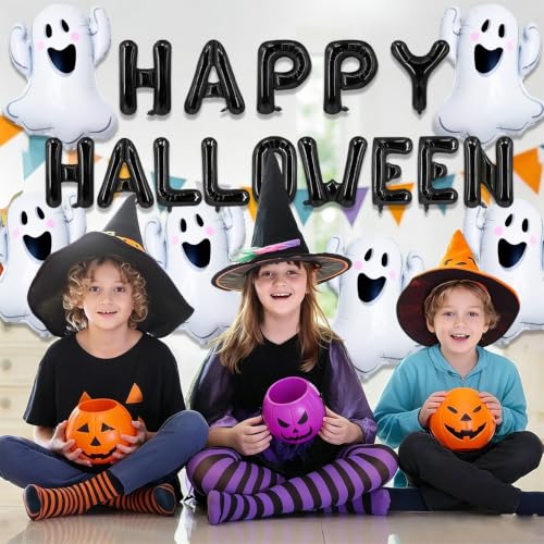 Halloween Foil Balloons Ghost & Happy Halloween Banner Set - Party Decorations