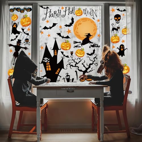Halloween Window Clings - Moon Witch Design, 4 Sheets, Halloween Decorations