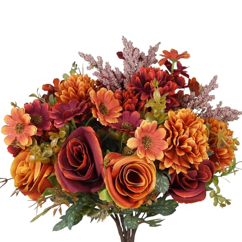 Artificial Fall Flowers Bouquet Set - Orange & Red Faux Autumn Flowers for Decor