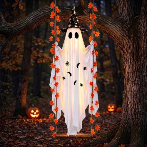 Halloween Outdoor Ghost Swing Decoration with LED Lights & Witch Hat - 5.4FT
