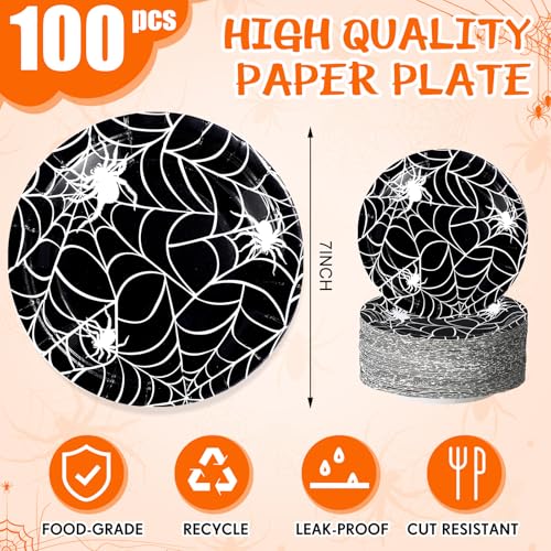Umigy 100PCS 7-Inch Halloween Spider Web Paper Plates - Black, Disposable Party Tableware