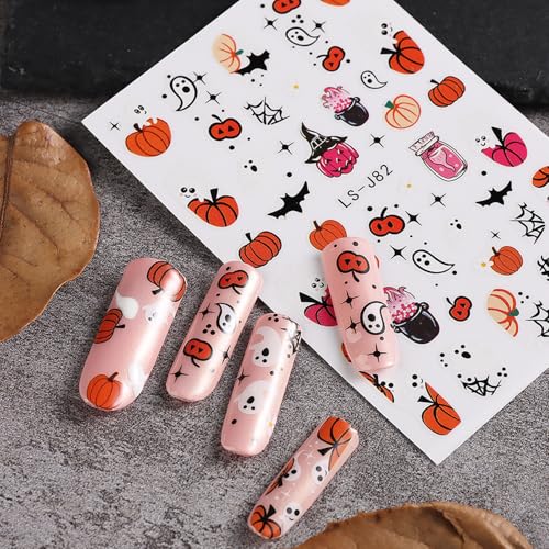 Halloween Nail Art Stickers Set - 6 Sheets Pumpkin Ghost Skeleton 3D Decals for Manicure DIY