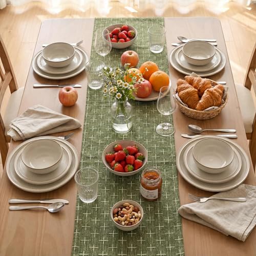 Olive Green Cross-Star Textured Table Runner - 13x90 Inch Waterproof Rustic Decor